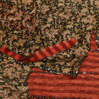 Sanskriti Vintage Sarees Black Printed Georgette Sari 5yd Floral Craft Sustainable Fabric