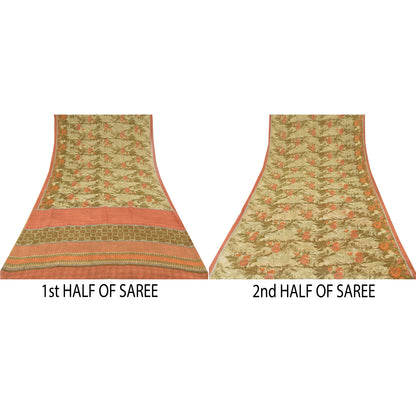 Sanskriti Vintage 100% Pure Georgette Silk Green/Orang Printed Saree 5 yD Craft Fabric Floral Upcycled Sarongs, Scarves, or Stoles