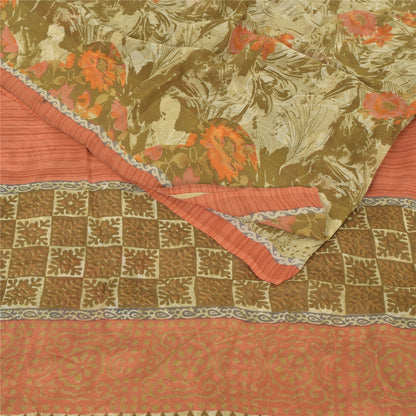Sanskriti Vintage 100% Pure Georgette Silk Green/Orang Printed Saree 5 yD Craft Fabric Floral Upcycled Sarongs, Scarves, or Stoles