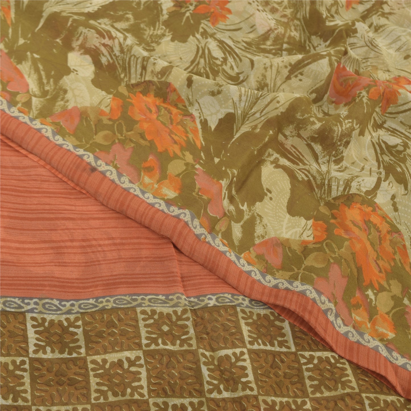 Sanskriti Vintage 100% Pure Georgette Silk Green/Orang Printed Saree 5 yD Craft Fabric Floral Upcycled Sarongs, Scarves, or Stoles