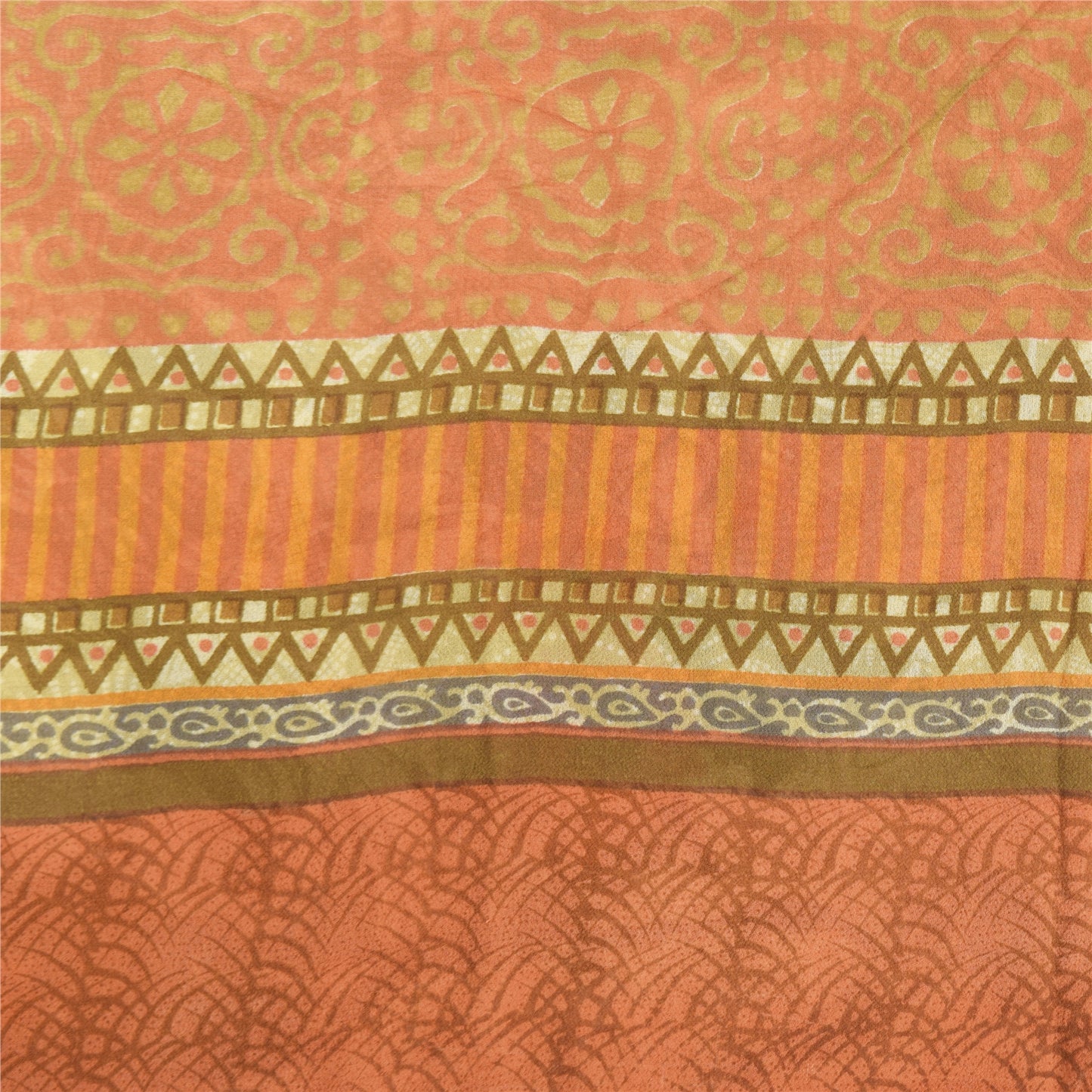 Sanskriti Vintage 100% Pure Georgette Silk Green/Orang Printed Saree 5 yD Craft Fabric Floral Upcycled Sarongs, Scarves, or Stoles