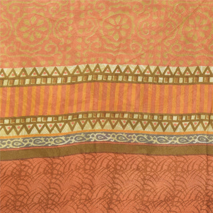 Sanskriti Vintage 100% Pure Georgette Silk Green/Orang Printed Saree 5 yD Craft Fabric Floral Upcycled Sarongs, Scarves, or Stoles