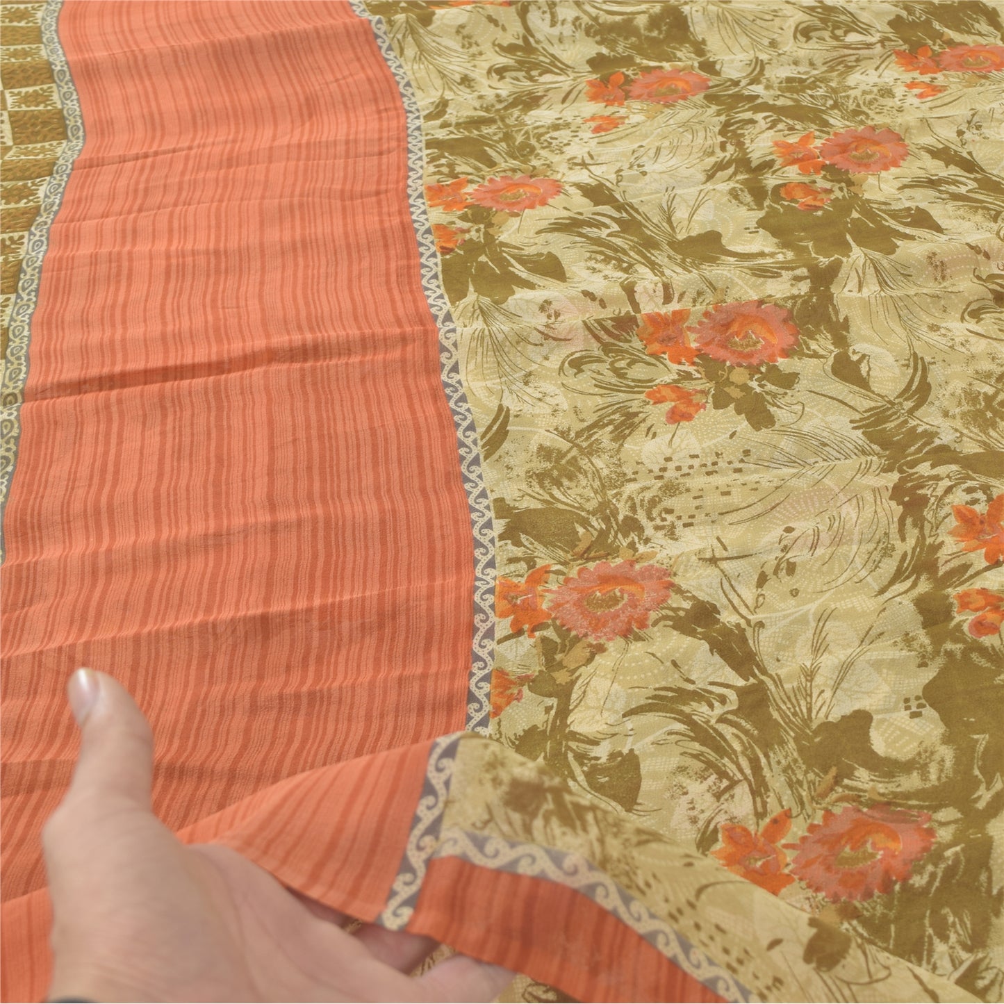 Sanskriti Vintage 100% Pure Georgette Silk Green/Orang Printed Saree 5 yD Craft Fabric Floral Upcycled Sarongs, Scarves, or Stoles