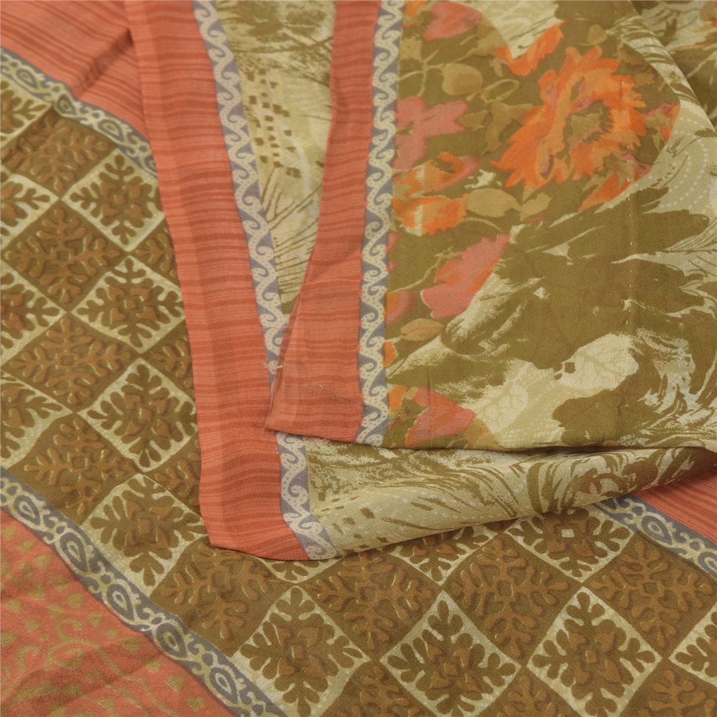 Sanskriti Vintage 100% Pure Georgette Silk Green/Orang Printed Saree 5 yD Craft Fabric Floral Upcycled Sarongs, Scarves, or Stoles