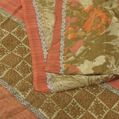 Sanskriti Vintage 100% Pure Georgette Silk Green/Orang Printed Saree 5 yD Craft Fabric Floral Upcycled Sarongs, Scarves, or Stoles