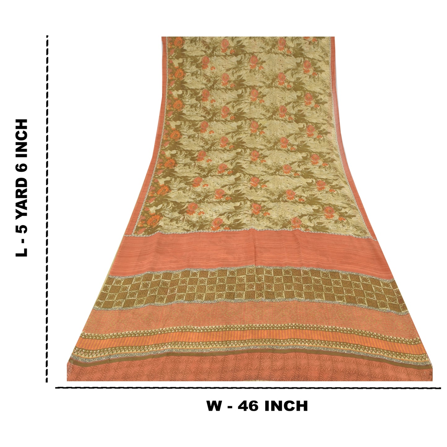 Sanskriti Vintage 100% Pure Georgette Silk Green/Orang Printed Saree 5 yD Craft Fabric Floral Upcycled Sarongs, Scarves, or Stoles