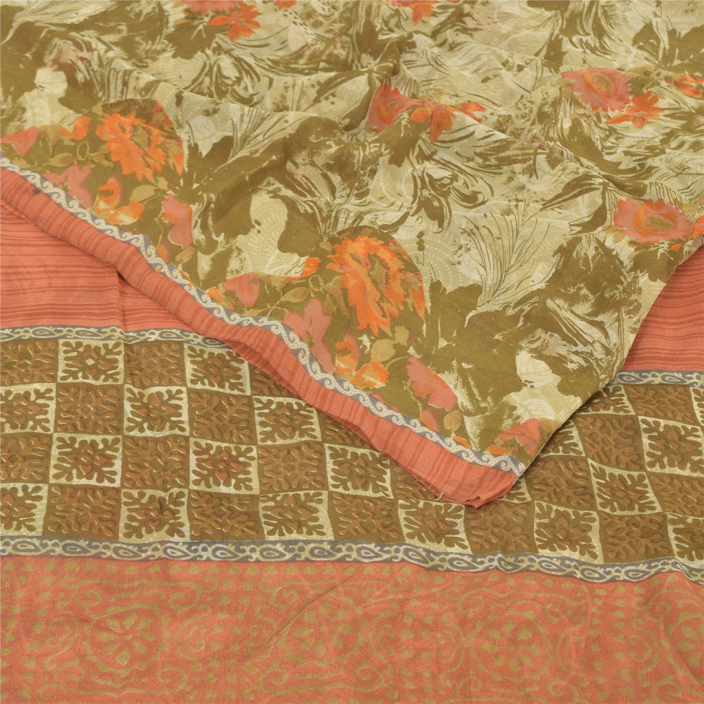 Sanskriti Vintage 100% Pure Georgette Silk Green/Orang Printed Saree 5 yD Craft Fabric Floral Upcycled Sarongs, Scarves, or Stoles