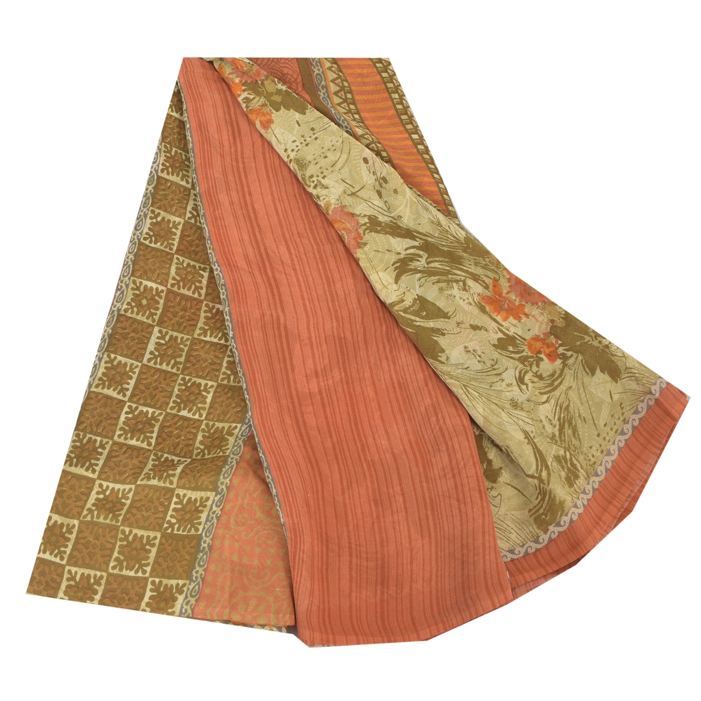 Sanskriti Vintage 100% Pure Georgette Silk Green/Orang Printed Saree 5 yD Craft Fabric Floral Upcycled Sarongs, Scarves, or Stoles