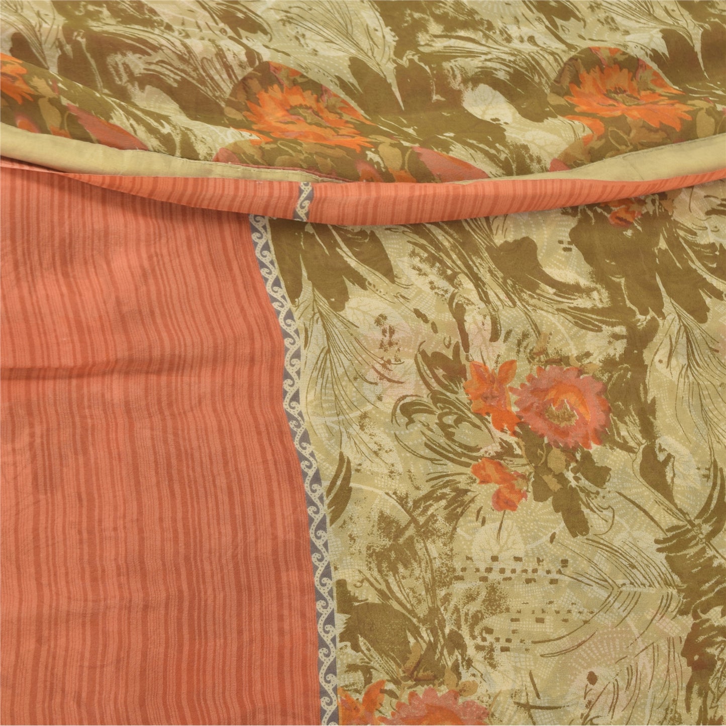 Sanskriti Vintage 100% Pure Georgette Silk Green/Orang Printed Saree 5 yD Craft Fabric Floral Upcycled Sarongs, Scarves, or Stoles