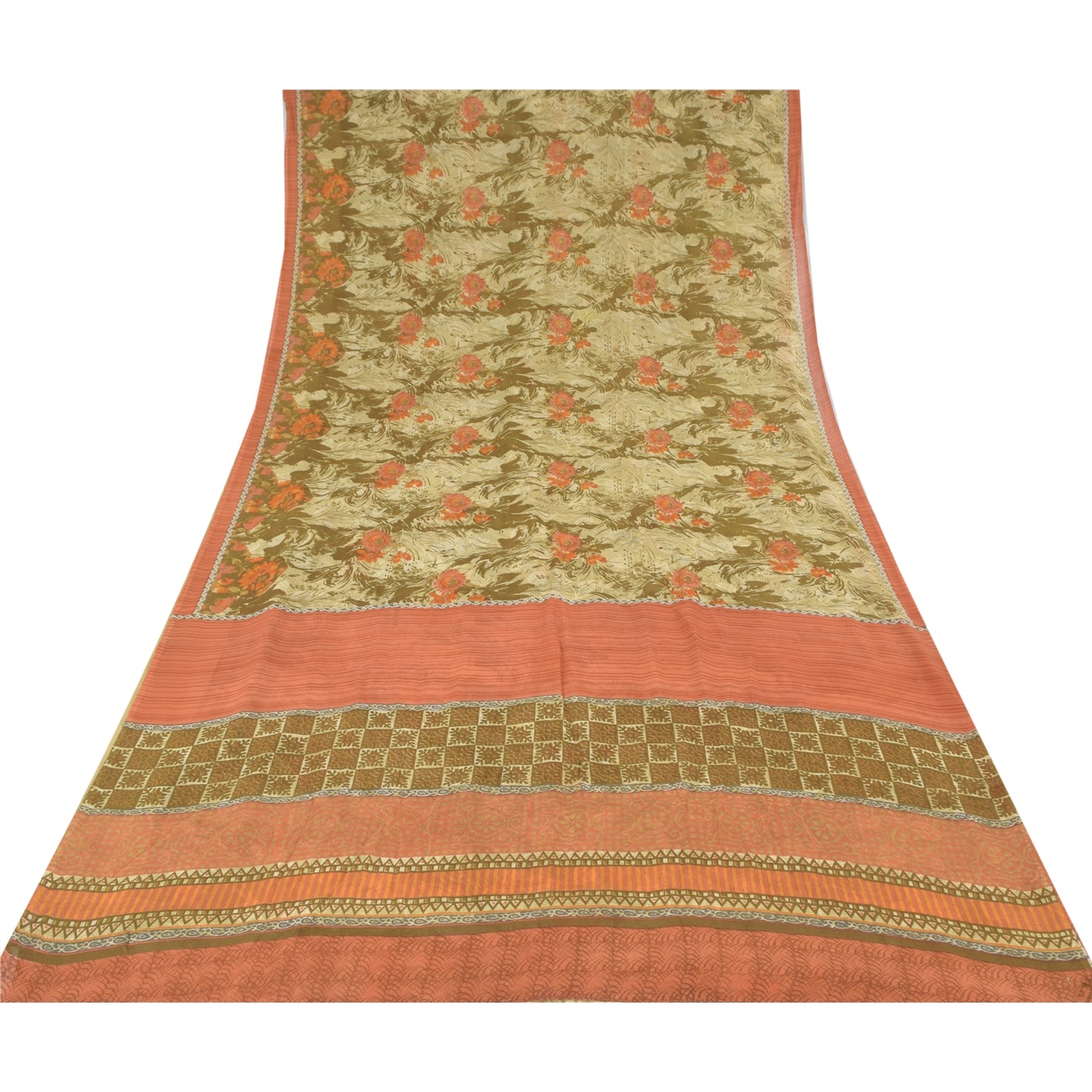 Sanskriti Vintage 100% Pure Georgette Silk Green/Orang Printed Saree 5 yD Craft Fabric Floral Upcycled Sarongs, Scarves, or Stoles