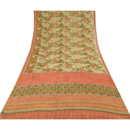 Sanskriti Vintage 100% Pure Georgette Silk Green/Orang Printed Saree 5 yD Craft Fabric Floral Upcycled Sarongs, Scarves, or Stoles