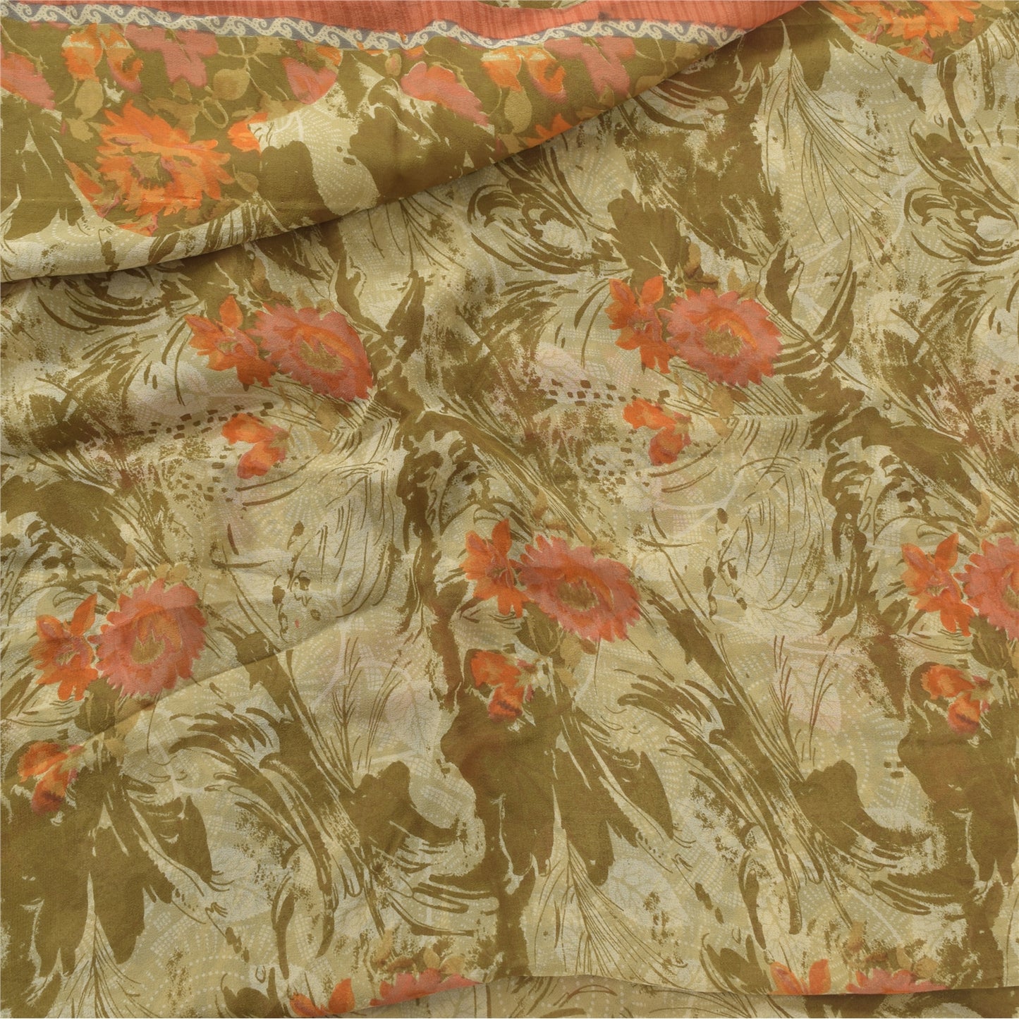 Sanskriti Vintage 100% Pure Georgette Silk Green/Orang Printed Saree 5 yD Craft Fabric Floral Upcycled Sarongs, Scarves, or Stoles