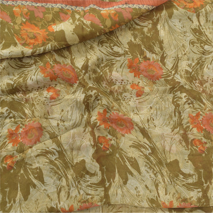 Sanskriti Vintage 100% Pure Georgette Silk Green/Orang Printed Saree 5 yD Craft Fabric Floral Upcycled Sarongs, Scarves, or Stoles