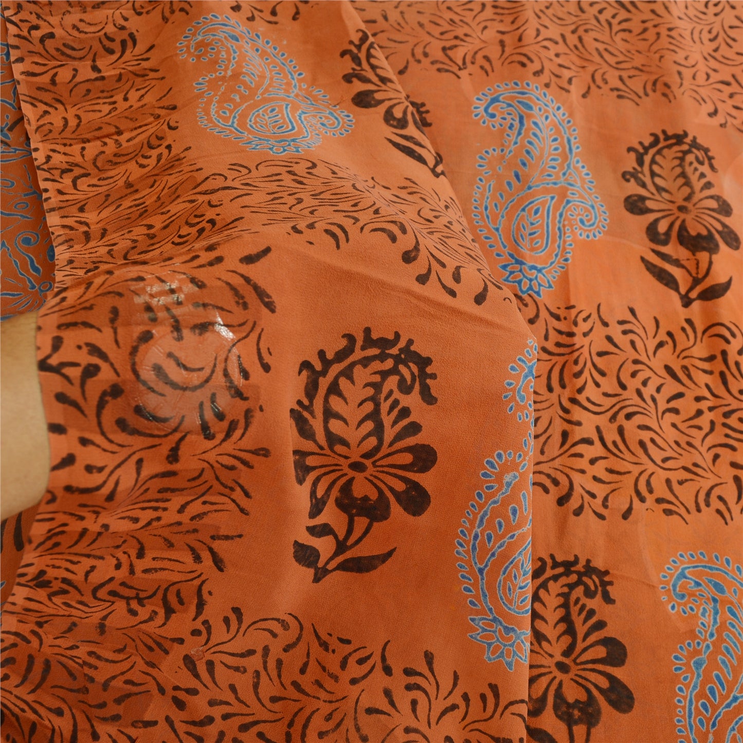 Sanskriti Vintage Block Printed Georgette Silk Sari Fabric - 5 Yd Create-Floral Dresses, Kaftans, Skirts, Tops