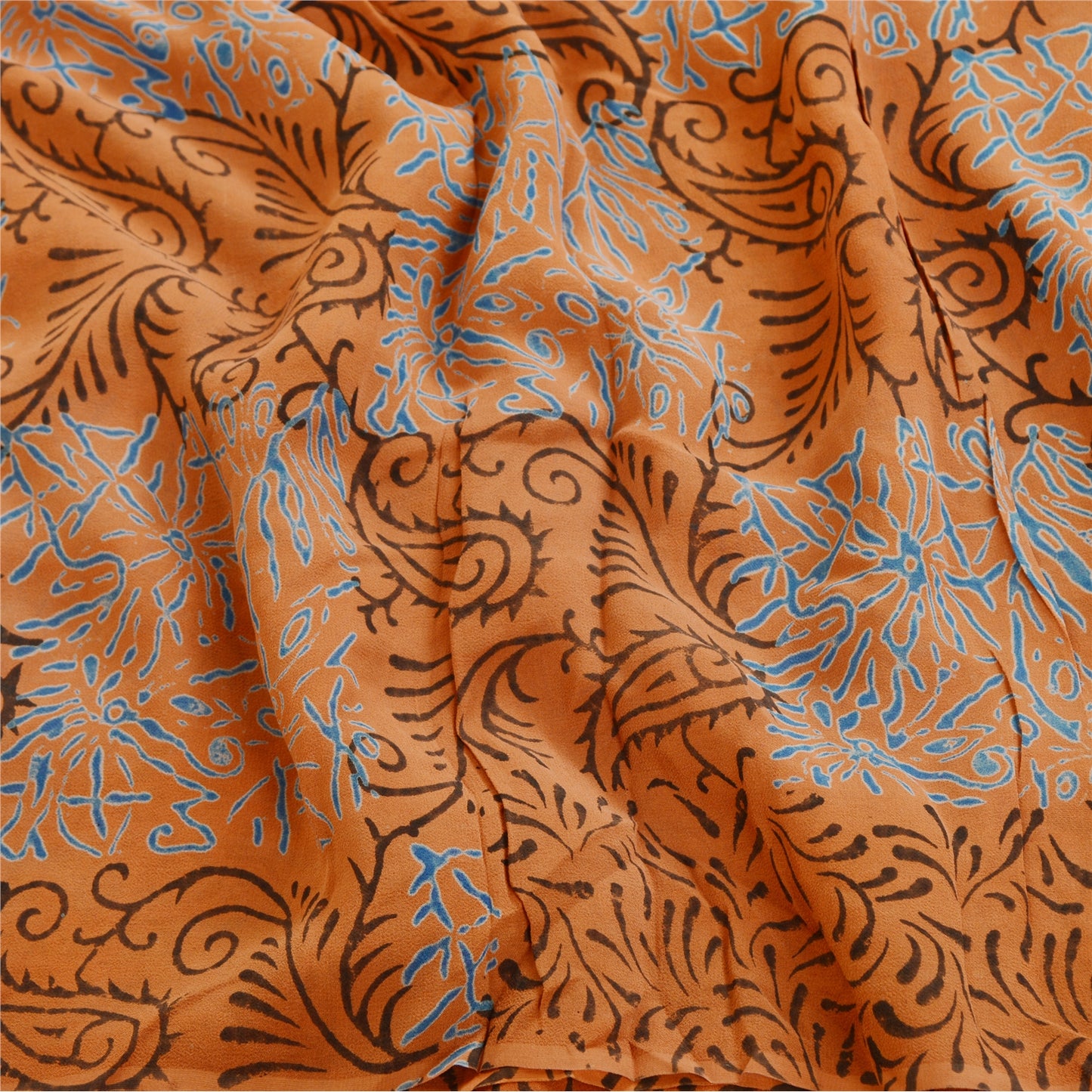 Sanskriti Vintage Block Printed Georgette Silk Sari Fabric - 5 Yd Create-Floral Dresses, Kaftans, Skirts, Tops