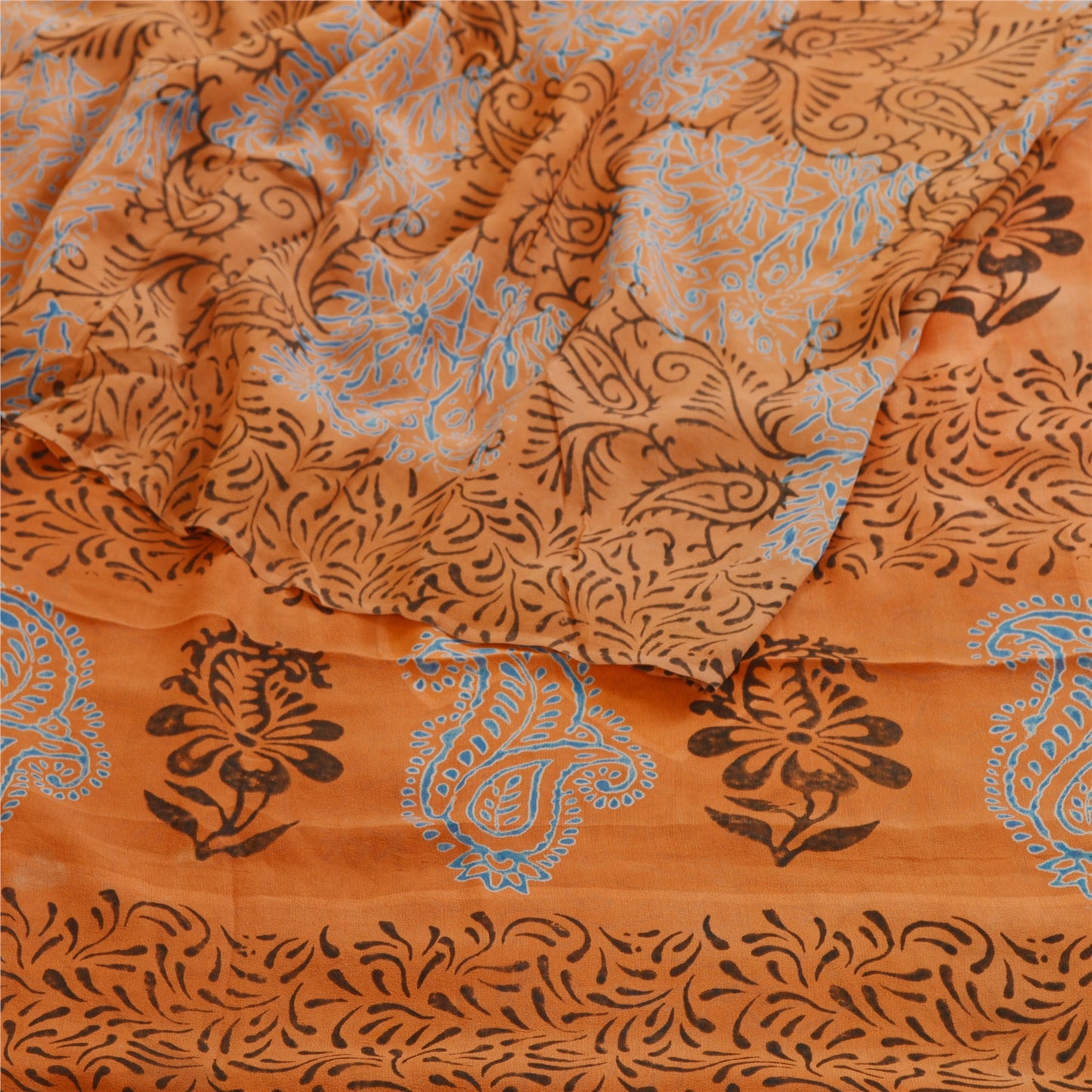 Sanskriti Vintage Block Printed Georgette Silk Sari Fabric - 5 Yd Create-Floral Dresses, Kaftans, Skirts, Tops