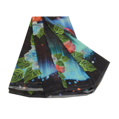 Sanskriti Vintage Sarees Black Digital Printed Georgette Sari Soft Craft Sustainable Fabric