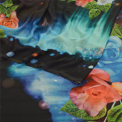 Sanskriti Vintage Sarees Black Digital Printed Georgette Sari Soft Craft Sustainable Fabric