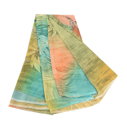 Sanskriti Vintage Sari Georgette Green Digital Women Printed Saree 5 Yd Craft Supplies Fabric Boho Quilting Material For DIY Projects