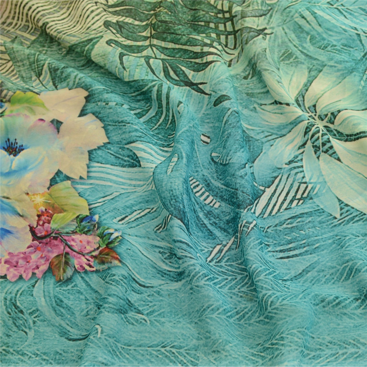 Sanskriti Vintage Sari Georgette Green Digital Women Printed Saree 5 Yd Craft Supplies Fabric Boho Quilting Material For DIY Projects