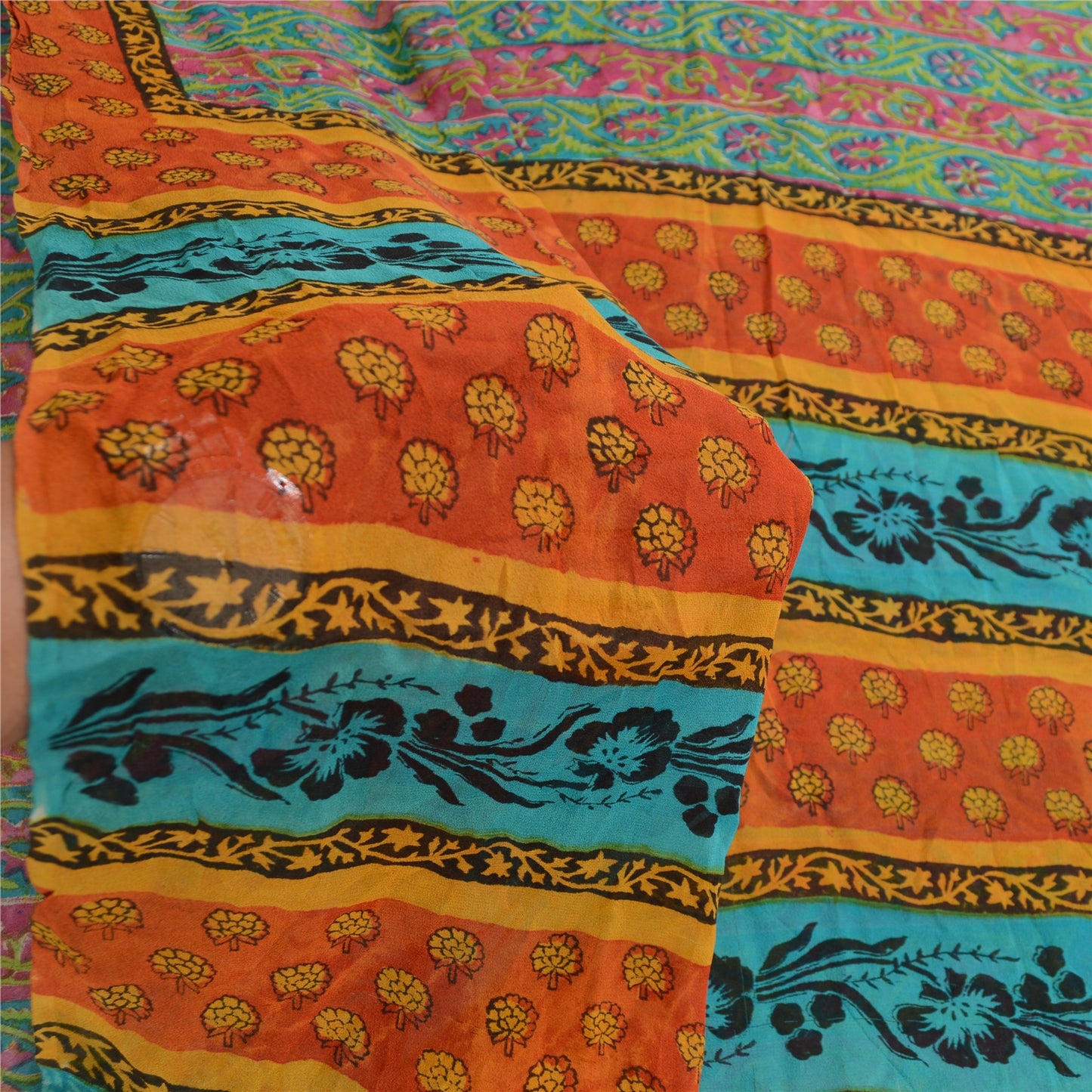 Sanskriti Vintage Sarees Grønne Ren Georgette Silke Trykt Sari Håndlavet 5yds Bæredygtigt Stof