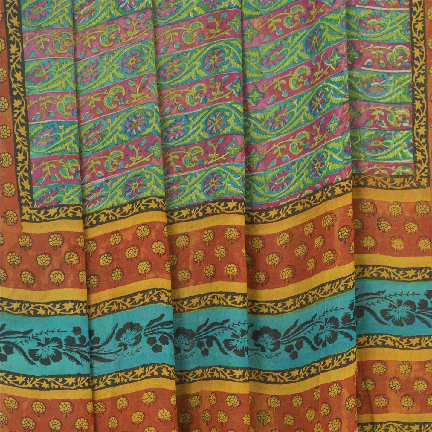 Sanskriti Vintage Sarees Grønne Ren Georgette Silke Trykt Sari Håndlavet 5yds Bæredygtigt Stof