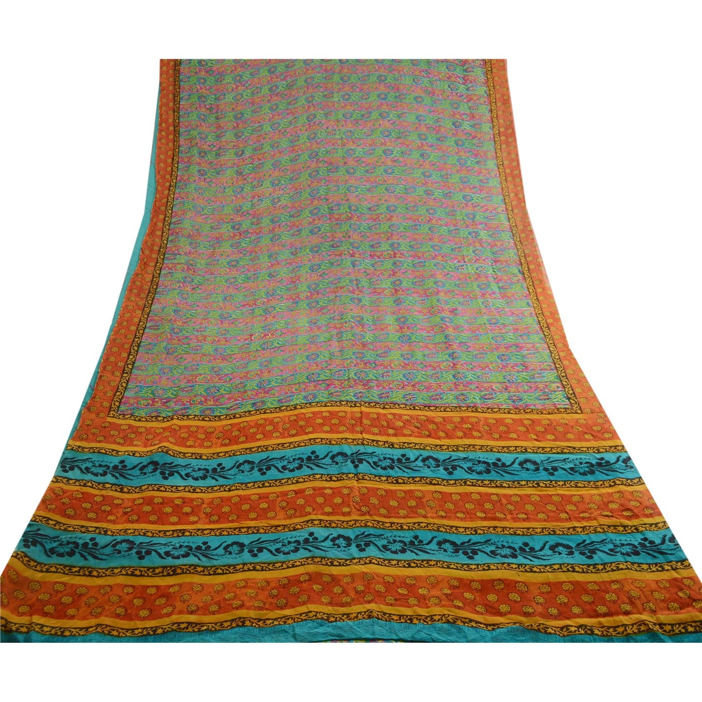 Sanskriti Vintage Sarees Grønne Ren Georgette Silke Trykt Sari Håndlavet 5yds Bæredygtigt Stof