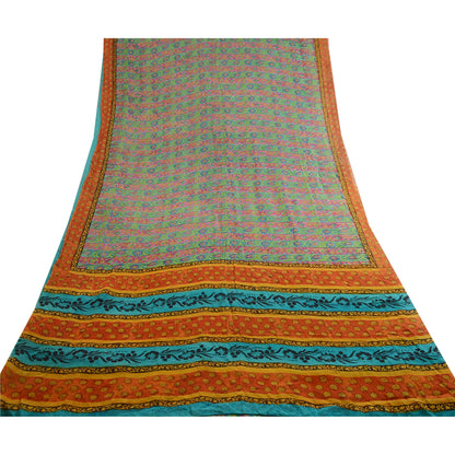 Sanskriti Vintage Sarees Grønne Ren Georgette Silke Trykt Sari Håndlavet 5yds Bæredygtigt Stof