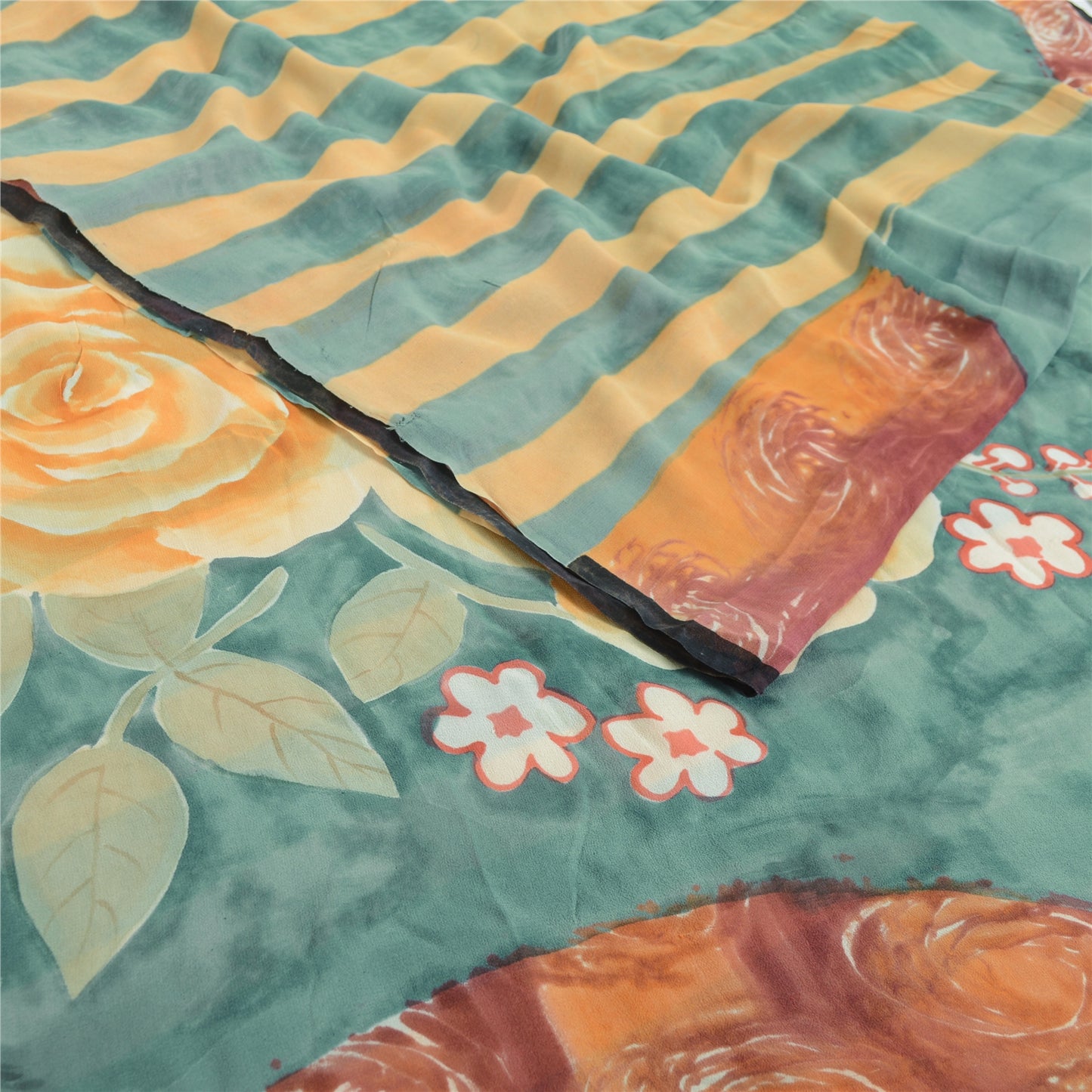 Sanskriti Vintage Pure Georgette Silk Gray & Orange Printed Saree 5Yd Craft Fabric Floral Recycled For Quilting, Home Decor For Upcyclers