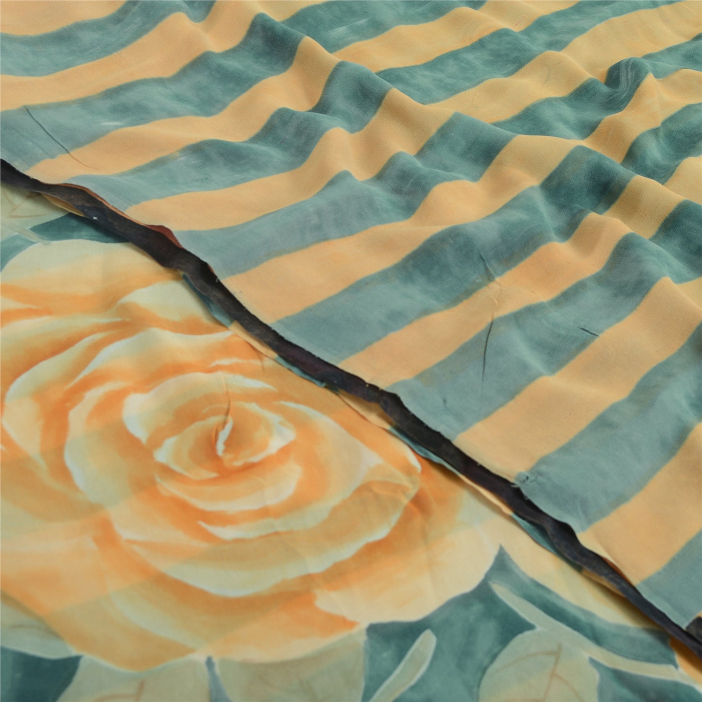 Sanskriti Vintage Pure Georgette Silk Gray & Orange Printed Saree 5Yd Craft Fabric Floral Recycled For Quilting, Home Decor For Upcyclers