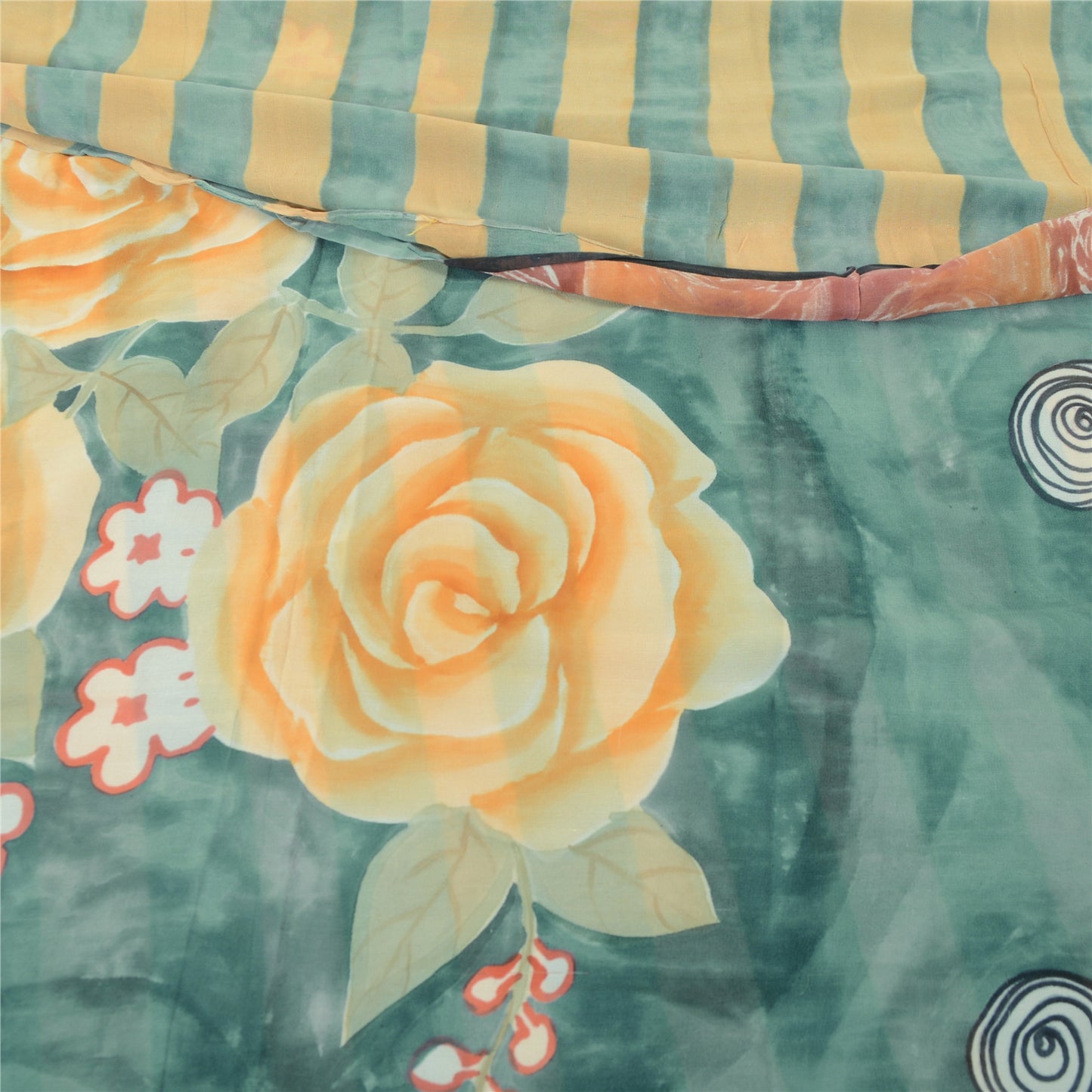 Sanskriti Vintage Pure Georgette Silk Gray & Orange Printed Saree 5Yd Craft Fabric Floral Recycled For Quilting, Home Decor For Upcyclers