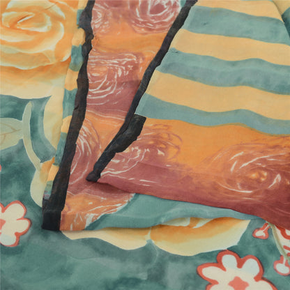 Sanskriti Vintage Pure Georgette Silk Gray & Orange Printed Saree 5Yd Craft Fabric Floral Recycled For Quilting, Home Decor For Upcyclers