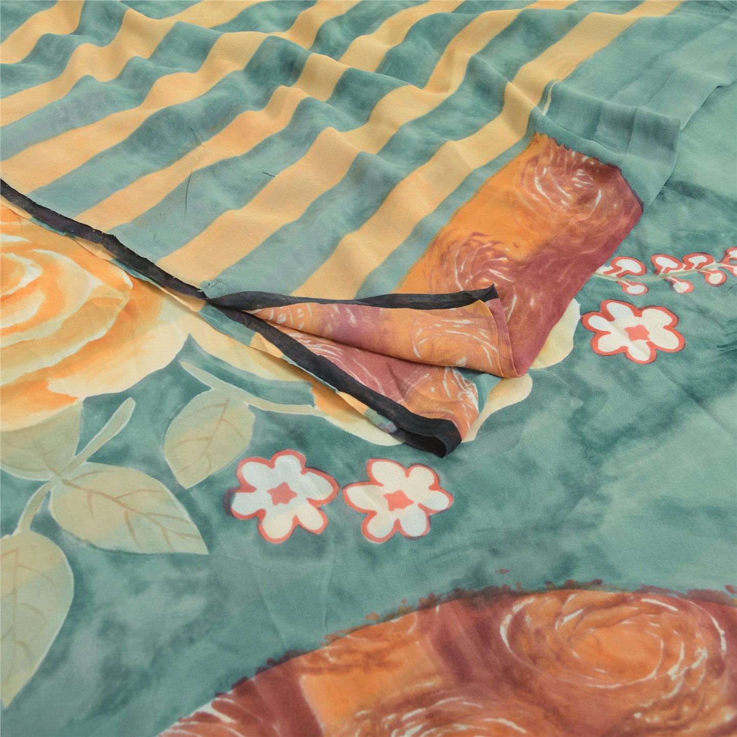 Sanskriti Vintage Pure Georgette Silk Gray & Orange Printed Saree 5Yd Craft Fabric Floral Recycled For Quilting, Home Decor For Upcyclers