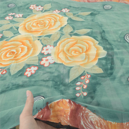 Sanskriti Vintage Pure Georgette Silk Gray & Orange Printed Saree 5Yd Craft Fabric Floral Recycled For Quilting, Home Decor For Upcyclers