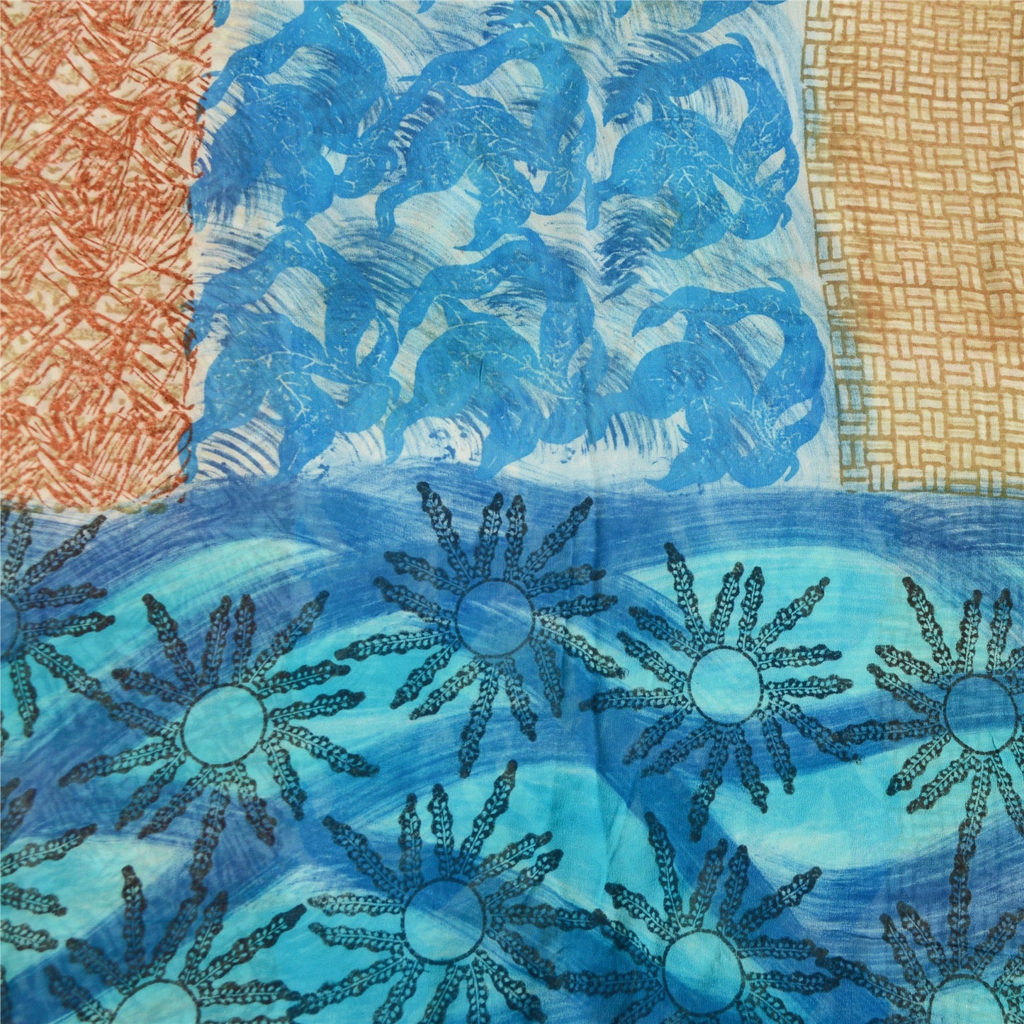 Sanskriti Vintage Sari Blend Georgette Fabric: Red & Blue Floral Printed, 5 Yard Home Decor, Women Floral Outfit, Bohomian Silk Scrap