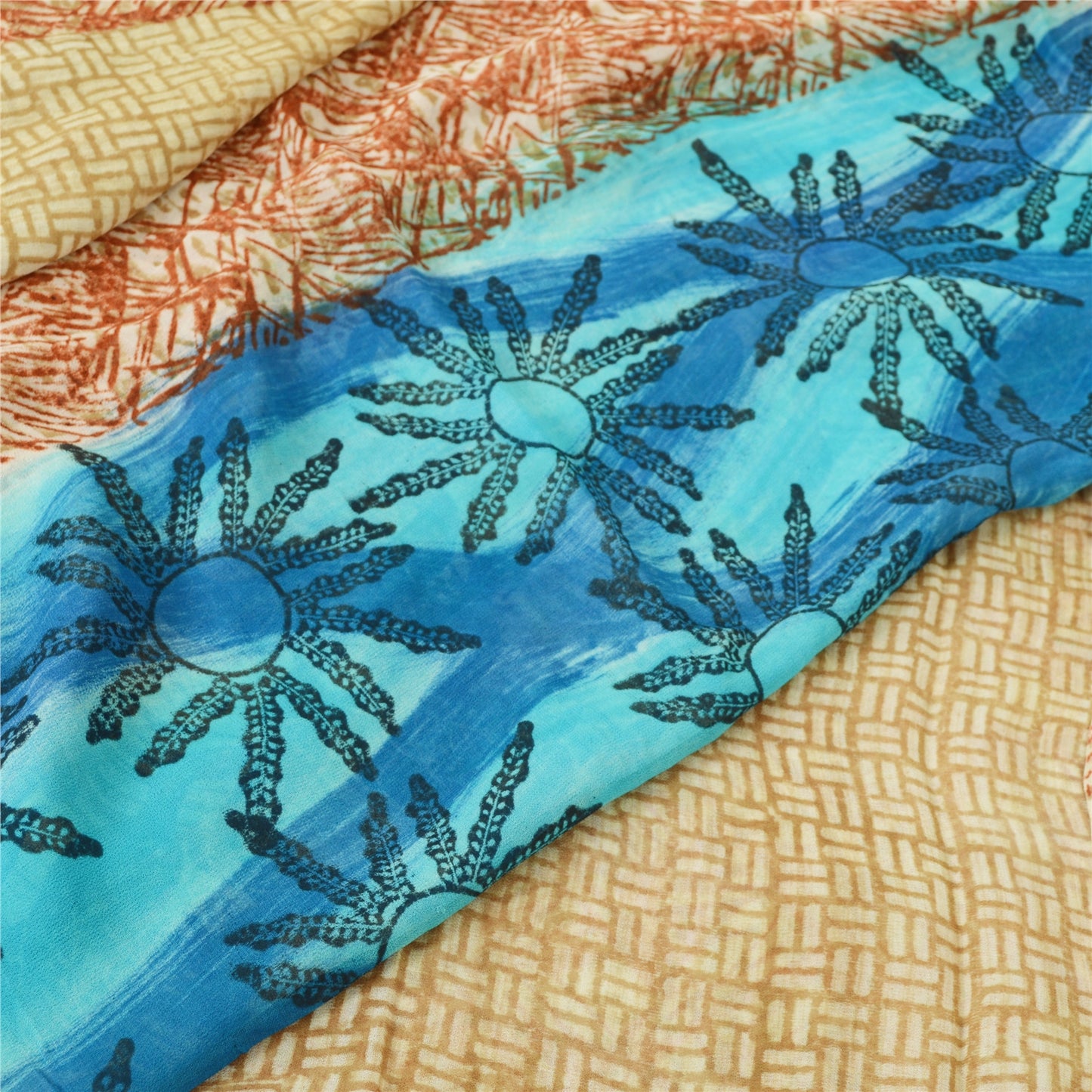 Sanskriti Vintage Sari Blend Georgette Fabric: Red & Blue Floral Printed, 5 Yard Home Decor, Women Floral Outfit, Bohomian Silk Scrap