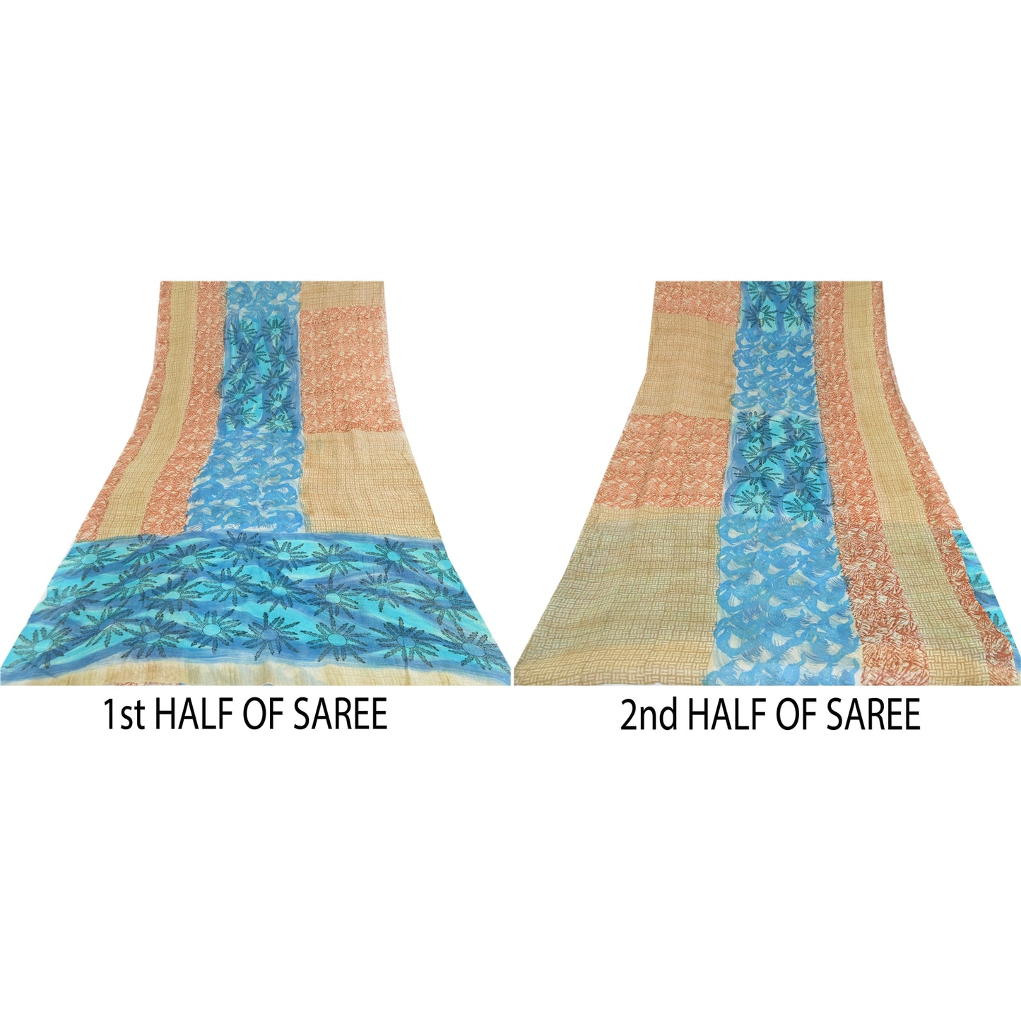 Sanskriti Vintage Sari Blend Georgette Fabric: Red & Blue Floral Printed, 5 Yard Home Decor, Women Floral Outfit, Bohomian Silk Scrap