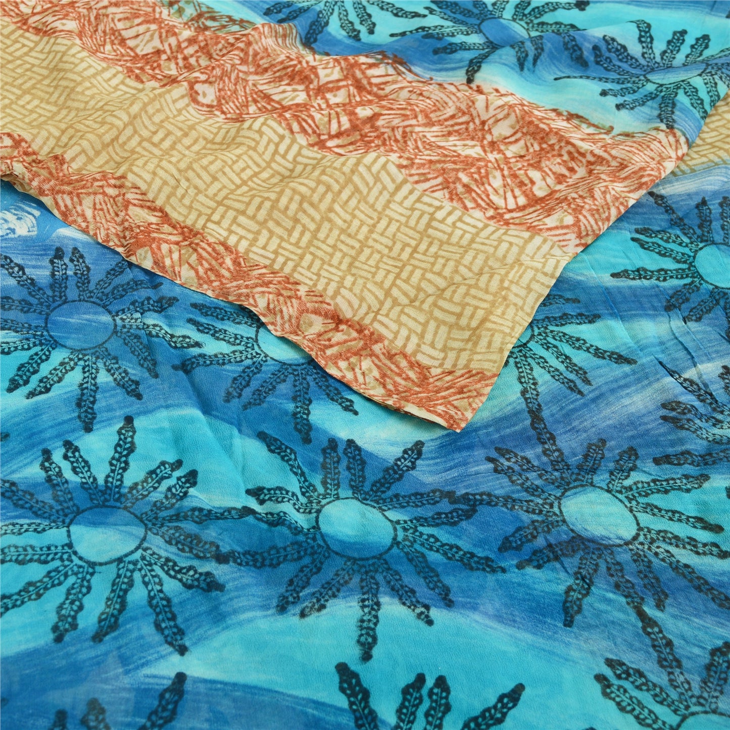 Sanskriti Vintage Sari Blend Georgette Fabric: Red & Blue Floral Printed, 5 Yard Home Decor, Women Floral Outfit, Bohomian Silk Scrap