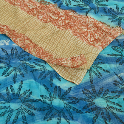 Sanskriti Vintage Sari Blend Georgette Fabric: Red & Blue Floral Printed, 5 Yard Home Decor, Women Floral Outfit, Bohomian Silk Scrap