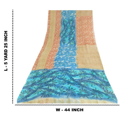 Sanskriti Vintage Sari Blend Georgette Fabric: Red & Blue Floral Printed, 5 Yard Home Decor, Women Floral Outfit, Bohomian Silk Scrap