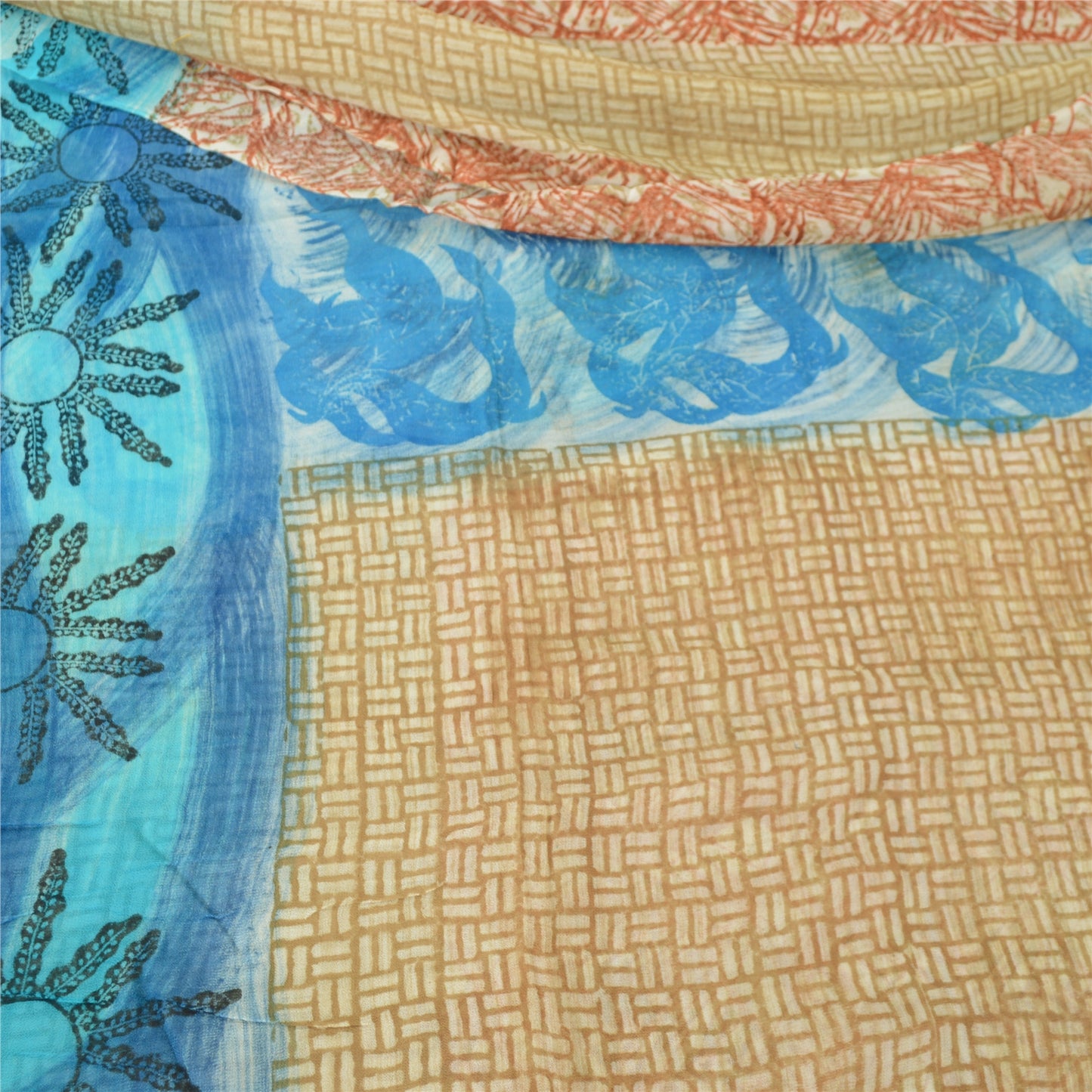 Sanskriti Vintage Sari Blend Georgette Fabric: Red & Blue Floral Printed, 5 Yard Home Decor, Women Floral Outfit, Bohomian Silk Scrap