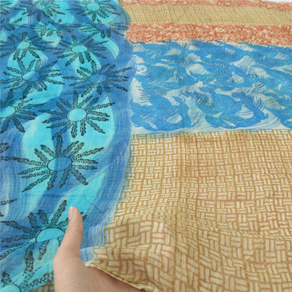 Sanskriti Vintage Sari Blend Georgette Fabric: Red & Blue Floral Printed, 5 Yard Home Decor, Women Floral Outfit, Bohomian Silk Scrap