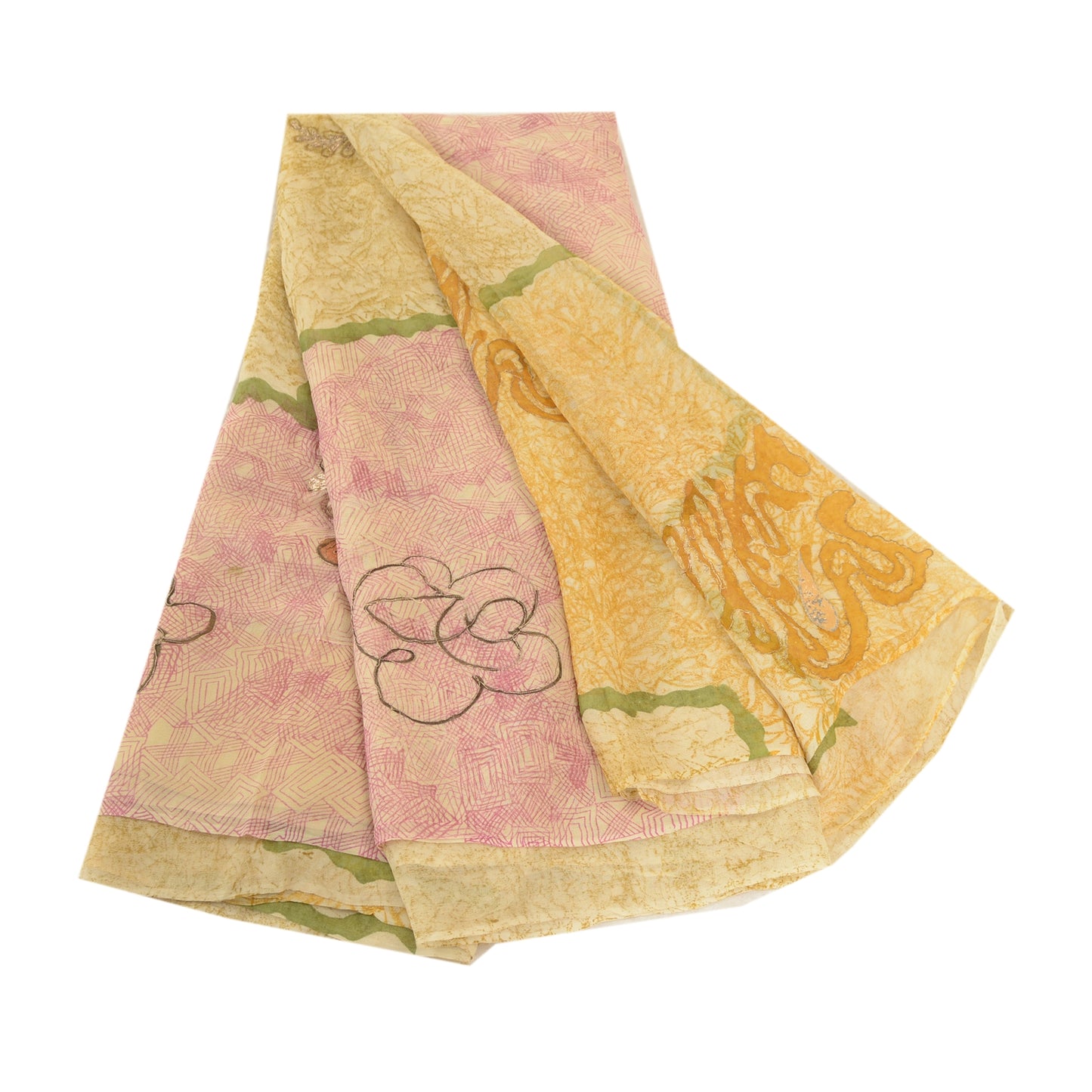 Sanskriti Vintage Sarees Cremefarvede Broderet Ren Georgette Silke Print Sari Bæredygtigt Stof