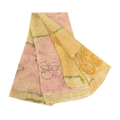 Sanskriti Vintage Sarees Cremefarvede Broderet Ren Georgette Silke Print Sari Bæredygtigt Stof
