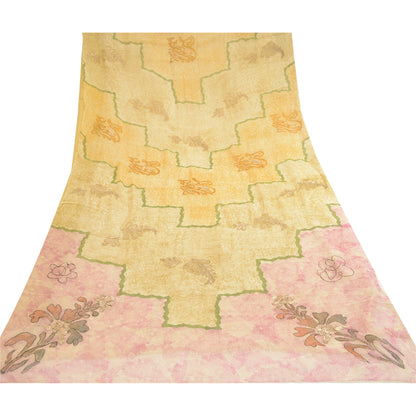 Sanskriti Vintage Sarees Cremefarvede Broderet Ren Georgette Silke Print Sari Bæredygtigt Stof