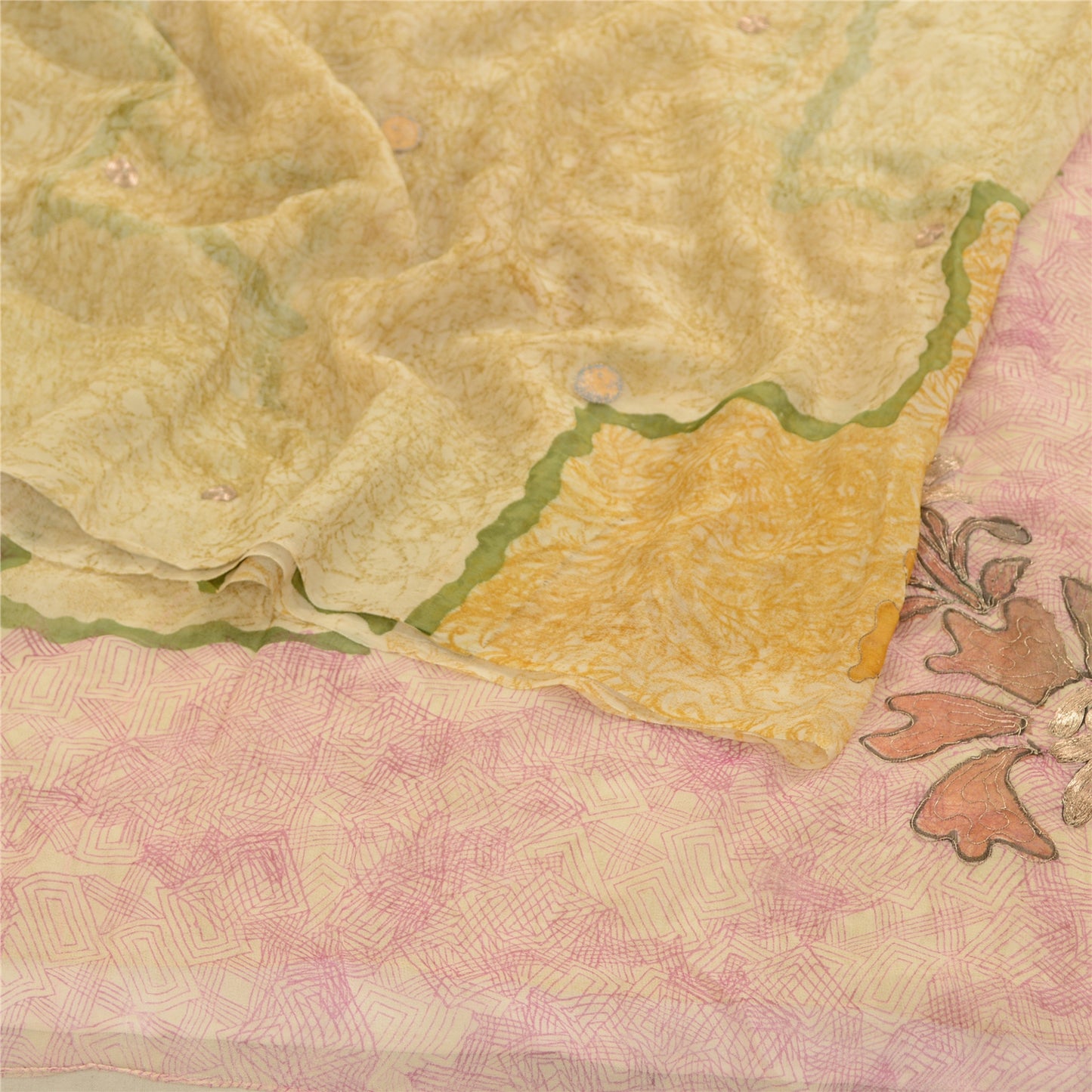 Sanskriti Vintage Sarees Cremefarvede Broderet Ren Georgette Silke Print Sari Bæredygtigt Stof