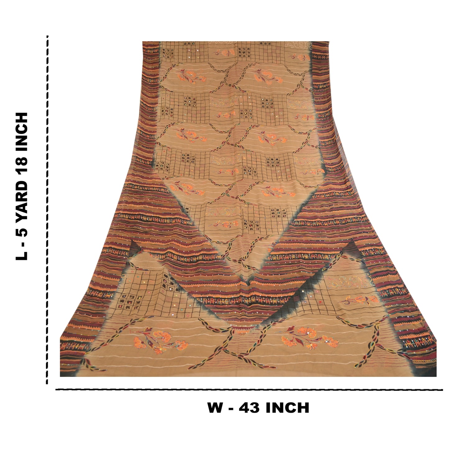 Sanskriti Vintage Sarees Brown Hand Beaded Print Pure Georgette Silk Sari Sustainable Fabric