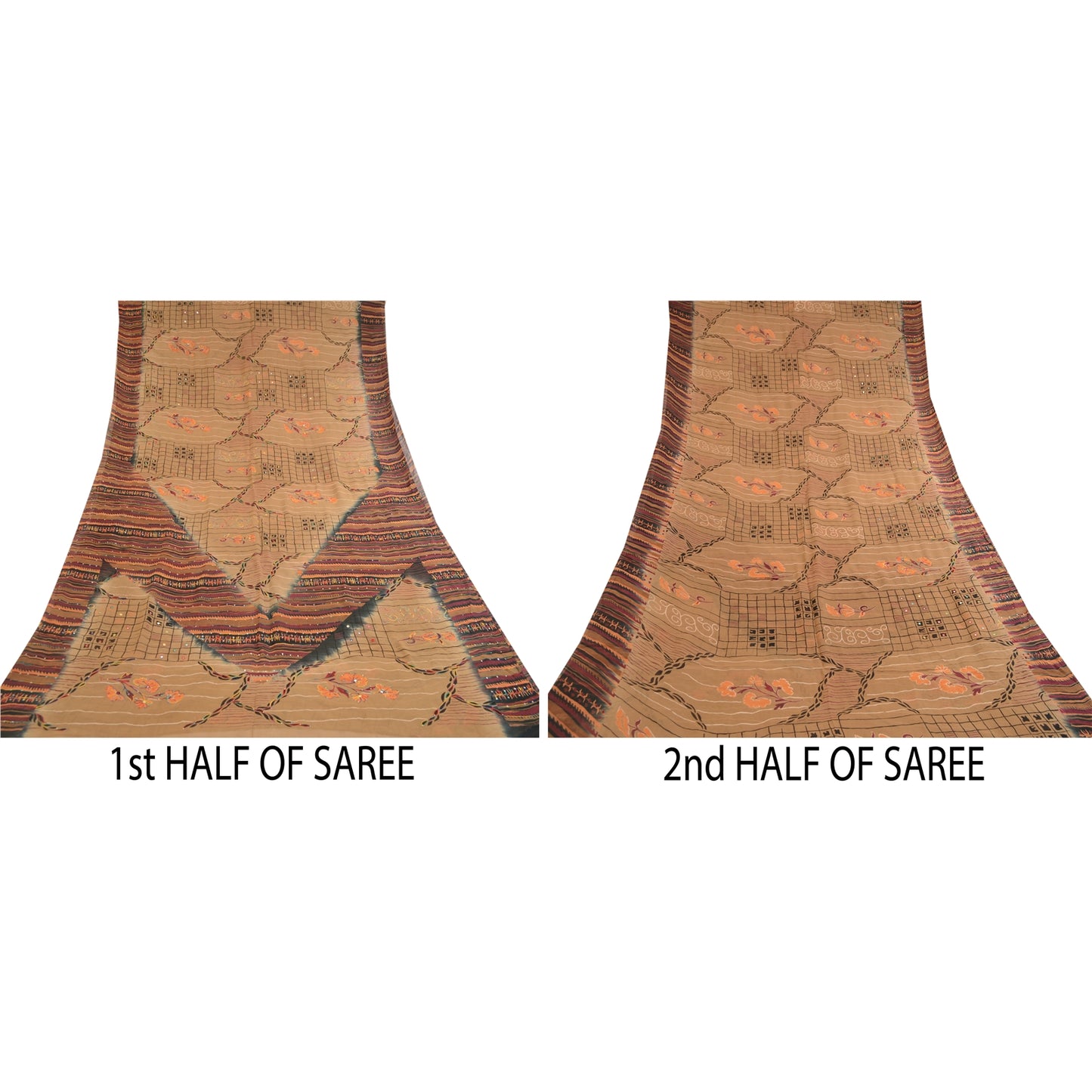 Sanskriti Vintage Sarees Brown Hand Beaded Print Pure Georgette Silk Sari Sustainable Fabric
