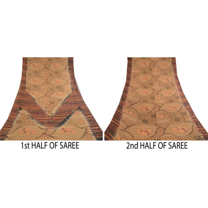 Sanskriti Vintage Sarees Brown Hand Beaded Print Pure Georgette Silk Sari Sustainable Fabric