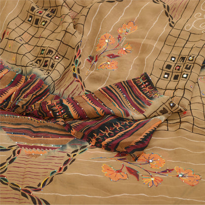 Sanskriti Vintage Sarees Brown Hand Beaded Print Pure Georgette Silk Sari Sustainable Fabric